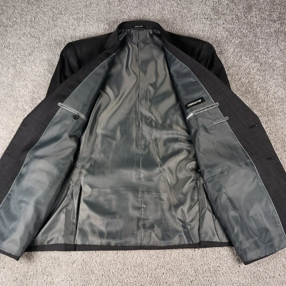 Claiborne 44R 42x30 Mens Suit Grey Herringbone Wool Blend Modern Fit Stretch